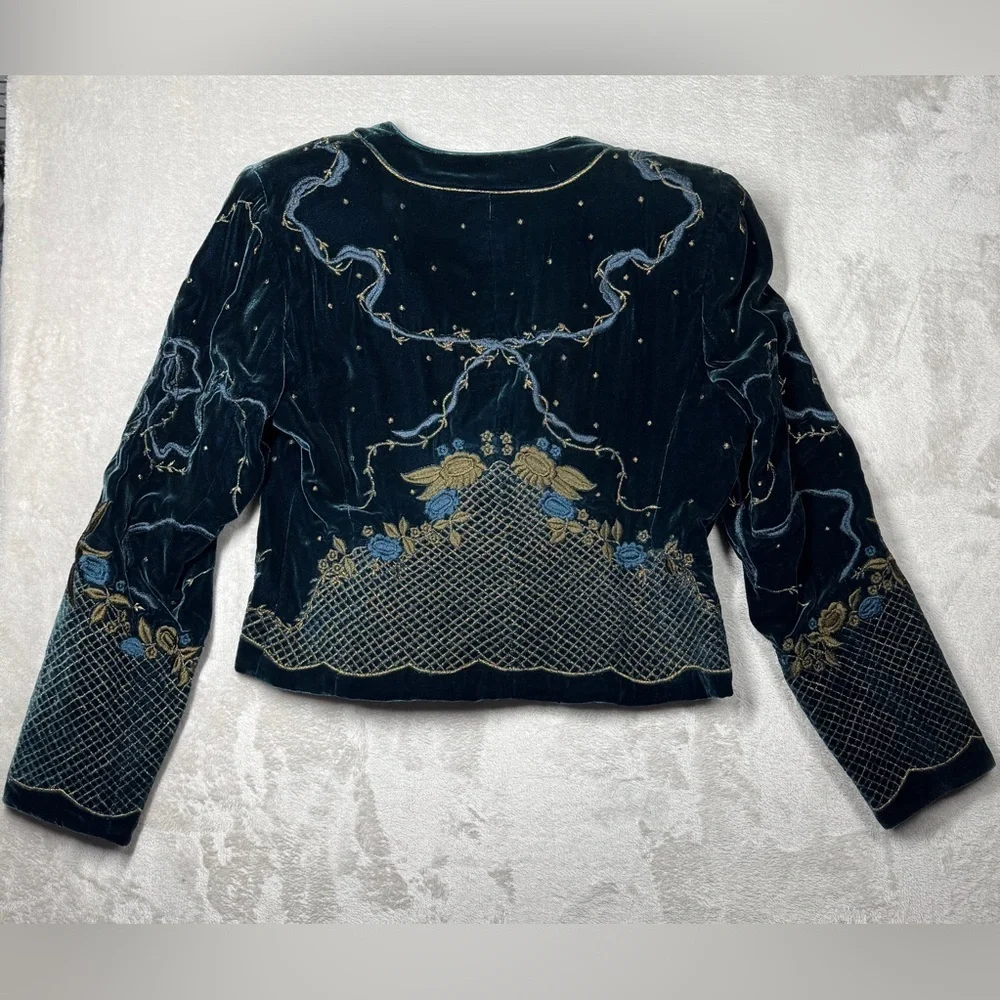 Vintage Worth Silk Blend Dark Teal Velvet Embroidered Celestial Blazer Size 4P - Picture 12 of 17